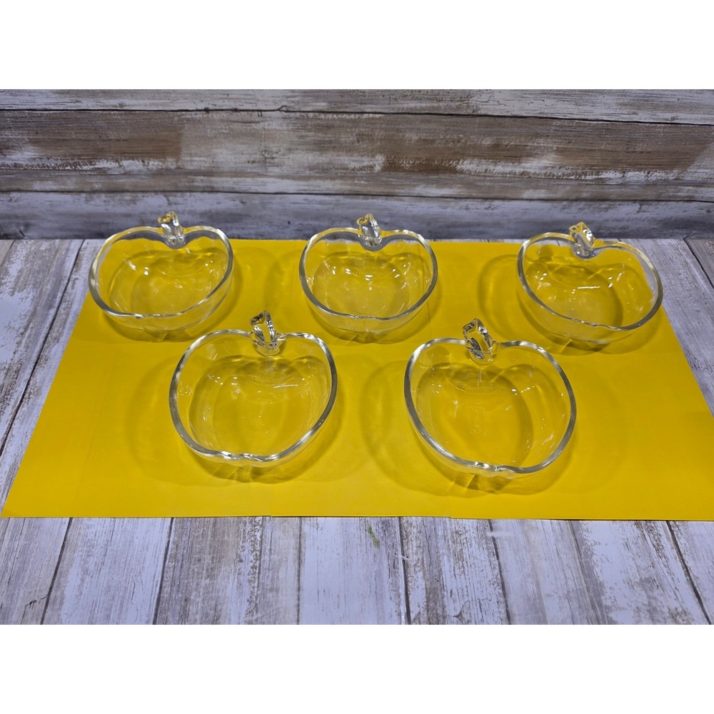 Glasbake Clear Glass Apple Shaped Bowls Set of 5 Vintage Dessert Dishes Fruit - Picture 2 of 8